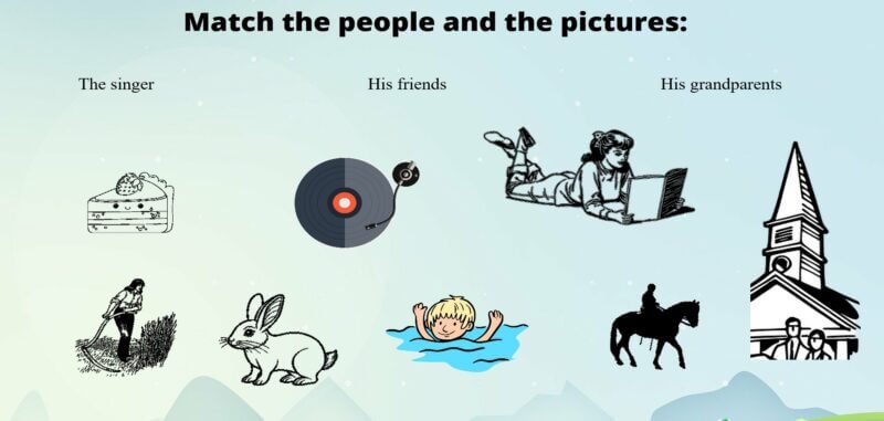 Used to song activity. Students listen and match the people and pictures.