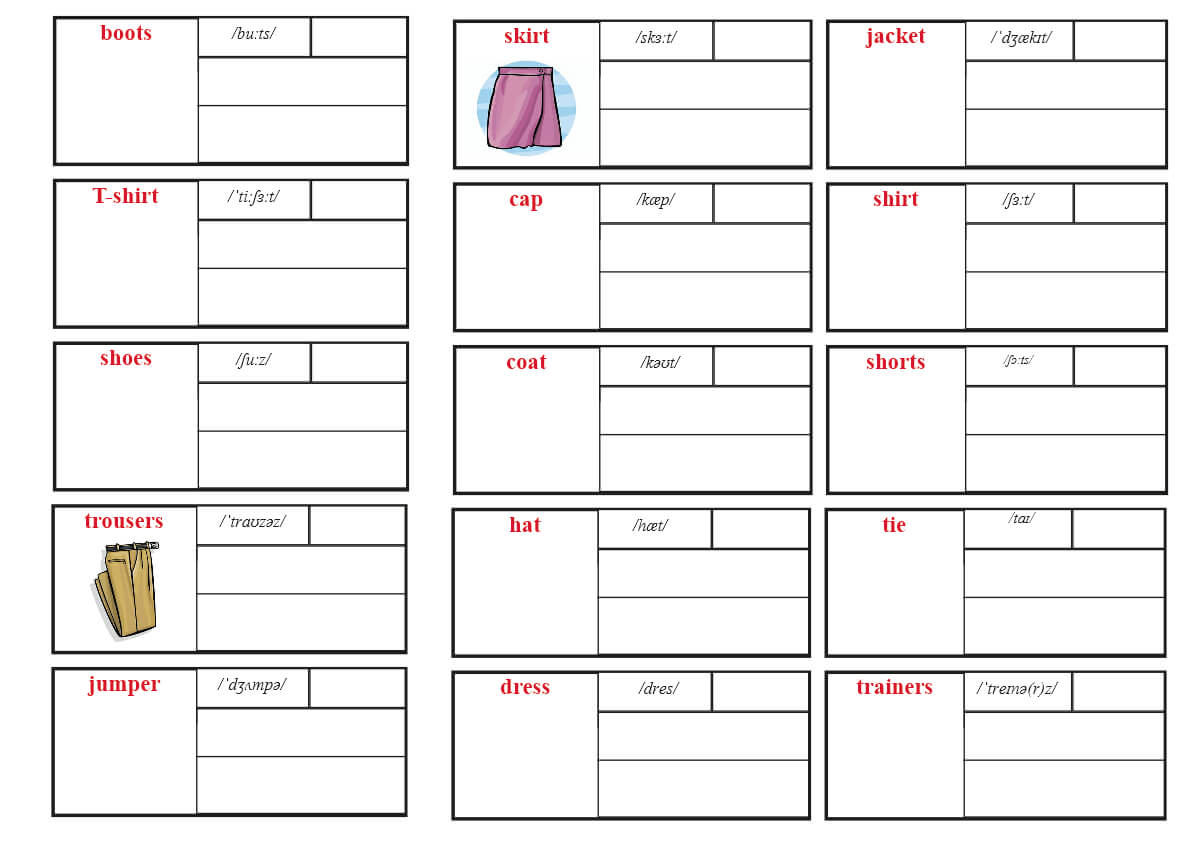 Clothes vocabulary tables pic