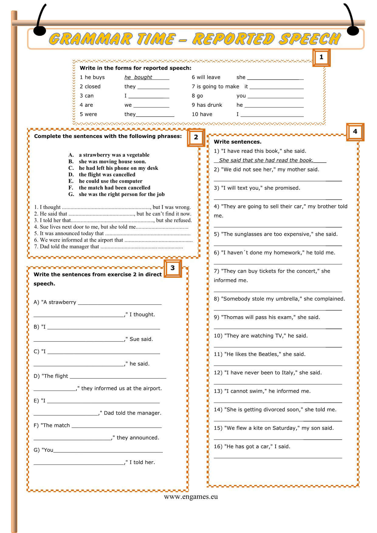 worksheet 26 subject reported speech answers