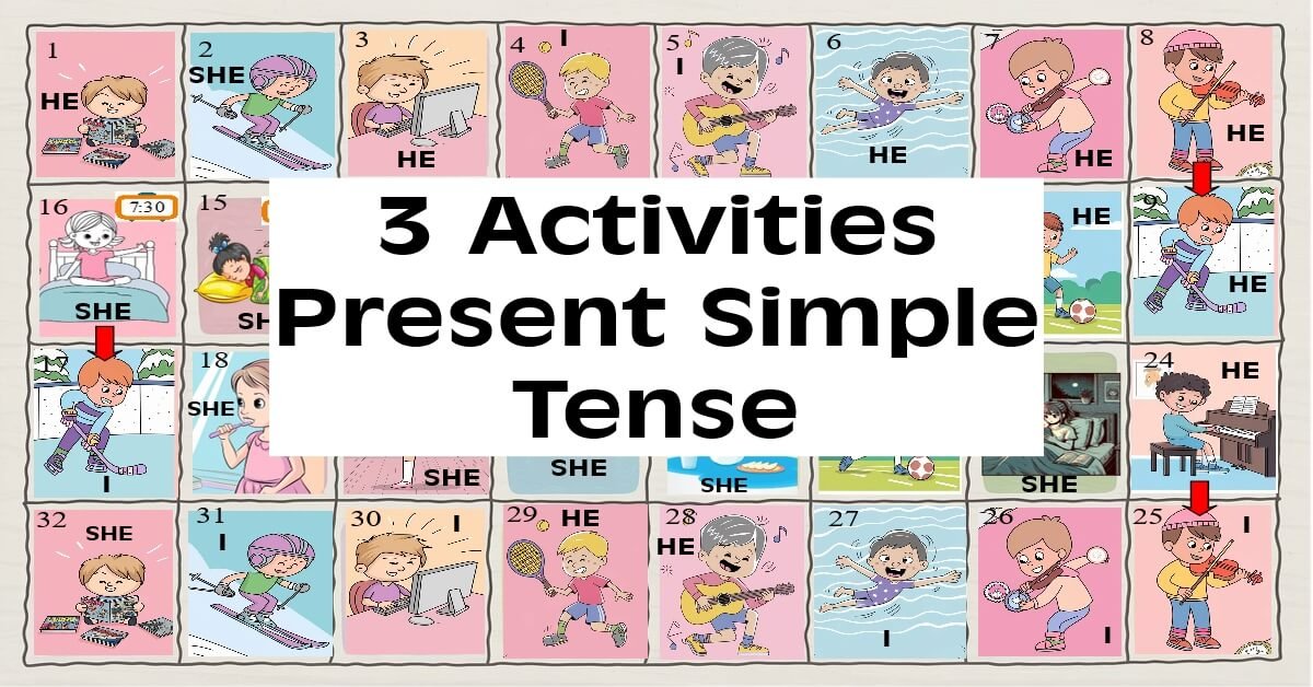 A board game with a title 3 Activities Present simple tense