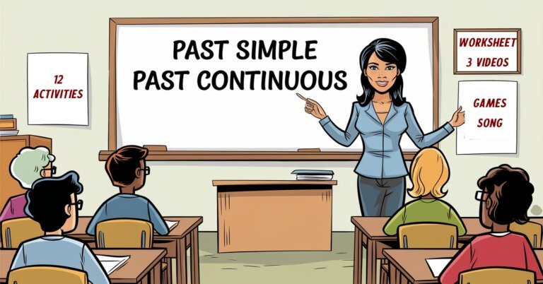 Teacher in front of the board talking about the difference betweent the past simple and continuous tense.